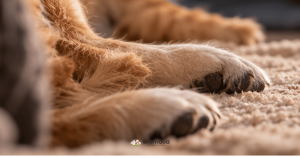 Patas de un perro mayor tumbado en reposo sobre una alfombra